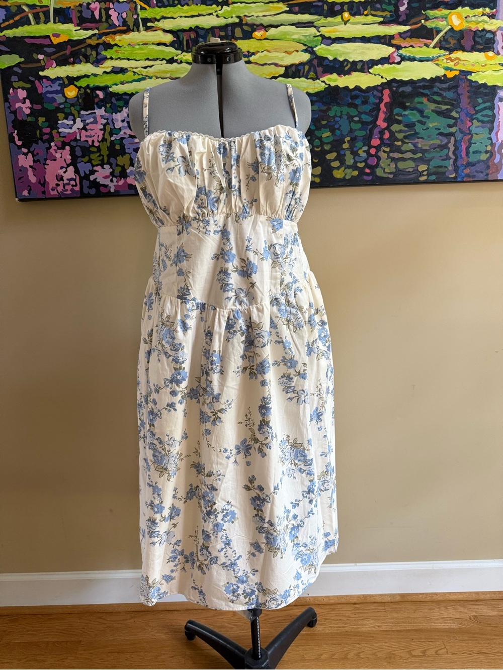 A New Day Cream Floral Midi Sundress with Blue Bouquet Print